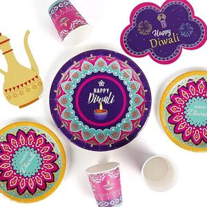 Happy Diwali Cake Plates Dessert Set Festival of Lights Deepavali Tablecloth Paper Plates Napkins Diwali Decoration Supplies