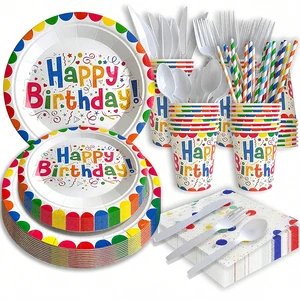 New Design Eco-Friendly Disposable Tableware for Birthday Celebration Custom Paper Plate Napkins Cups Cutlery Set