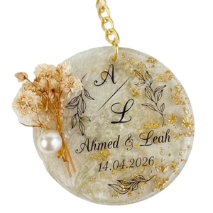 Custom Resin Keychain Gold Epoxy Personalized Wedding Favors Heart Round Floral Bridal Shower Engagement Guest Gifts