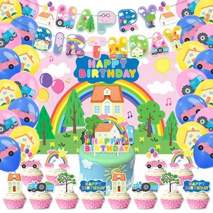 Cartoon Pig Party Decor Bundle with Printed Backdrop Bunting Flags Disposable Plates Cups for Birthday Baby Shower Events
