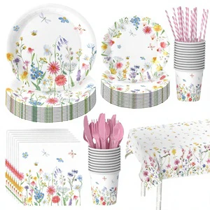 Premium Floral Paper Party Tableware Set Disposable Plates Cups Napkins Flower Theme Birthday Wedding Garden Party Supplies