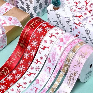 Ribest Customize Printed Pink Christmas Ribbon Logo for Gift Wrapping Roll Wholesale