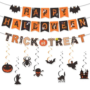 2026 Halloween Party Decor Set Orange Black Banner Hanging Swirls Balloons Halloween Party Supplies Wholesale