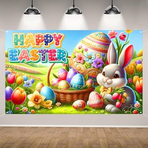 Happy Easter Photo Backdrop Bunny Rabbit Easter Eggs Flower Banner Spring Summer Party Decorations and Supplies Banner