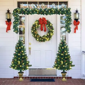 Christmas Party Decoration Set 4 Pieces Including Garland Wreath and Entrance Trees
