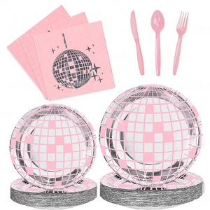 Modern Disco Theme Party Tableware Set with Paper Plates and Napkins for Birthday Celebrations and Party Decoration Supplies