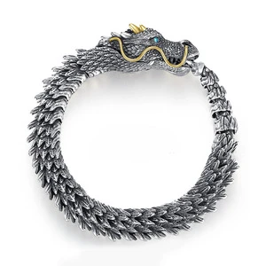 Hip Hop Style Thai Silver Plated Handmade Bone Chinese Dragon Bracelet Men's Vintage Dominant Dragon Bracelet for Men