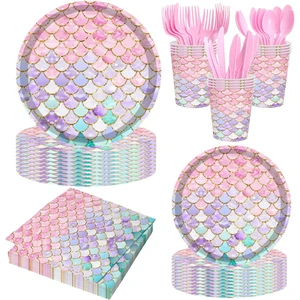Mermaid-themed Paper Birthday Party Tableware Set Princess Party Decorations Thanksgiving Ramadan Eco-Friendly Valentine's Day