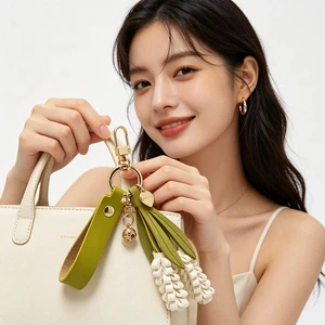 Purple Lavender Pendant Keychain Women PU Leather Bag Charm Girl Decorations Bell Heart Ornaments Wedding Gifts Lavender Flowers