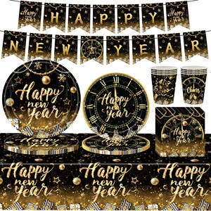 2025 Hot Sale New Year Theme Party Supplies Tableware Set for 24 People Disposable Black Gold Paper Plates Paper Cups Tablecloth