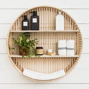 Bohemian Handwoven Rattan Round Wall Shelf With 3 Tier Design For Bathroom Living Room Decor Use