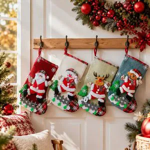 Rustic Eco-Friendly Soft Polyester Christmas Stockings Set Plaid Holiday 3D Applique Plush Characters Farmhouse Xmas Decoration