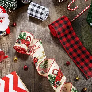 New Product Custom Printed Christmas Wired Ribbon 63mm Christmas Tree Linen Edge Wired Burlap Ribbon Supplier