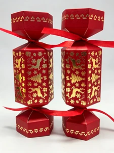 8in Luxury Red Christmas Crackers With Gold Foil Reindeer & Tree Print