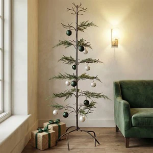 Metal Christmas Tree Stand with Pine Branches and Ornament Hooks Indoor Decor Standing Base Bendable Design