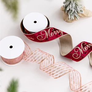 Merry Christmas Ribbon, Velvet and Tulle Ribbon with Gold Foil and Sequins, Used for Diy Packaging of Holiday Gifts.
