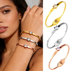 Holiday Gift Wedding Party Accessories Simple and Stylish Single Large Diamond Women's 18K Gold Stainless Steel Bracelet