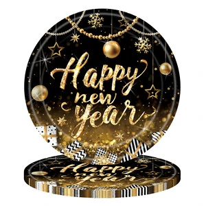 2025 New Black Gold Happy New Year Theme Party Tableware New Year's Eve Carnival Paper Plate Decoration Set S067