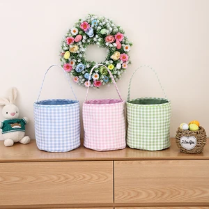 Multi-functional Easter Candy Storage Basket Scalloped Edge Easter Gift Baskets Gingham Pattern Blank Canvas Tote Bag
