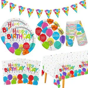 New Disposable Cartoon Style Paper Dinner Plate Towel Cup Set & Tablecloth Banner for Kids Birthday Party Decorations