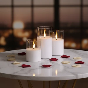 Matti's Candle White Glass Battery Operated 3D Real Flame Remote Control Paraffin Wax Core Ramadan Birthdays Parties Led Candles