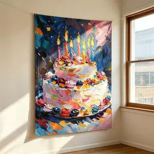 Artistic 3D Effect Cake Birthday Backdrop Pink Aesthetic Palette Oil Painting Tapestry Kids Cake Smash Photo Booth Props