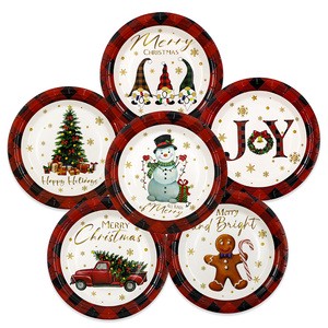 Christmas Paper Plate Disposable Tableware Party Decoration Set Round Holiday Dinnerware Set Professional Bulk Pack