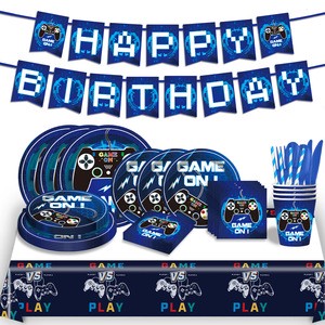 Disposable Game on Paper Plates Cups Knife Fork Spoon Set with Game Pad Paper Banner Tablecloth for Party Decoration