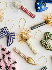 Handmade Beaded Christmas Ornaments With Tassels And Bow Shapes In Traditional Colors