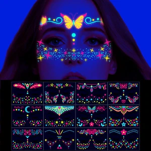 Fluorescent Halloween Face Tattoo Sticker Butterfly Rose Tattoo UV Glow in the Dark Festival Masquerade Party Body Sticker