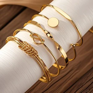Go Party Retro 5pcs Set Bracelet Simple Geometric Round Bead Open Cuff Bracelets Sets for Women Girls Fashion Bangles