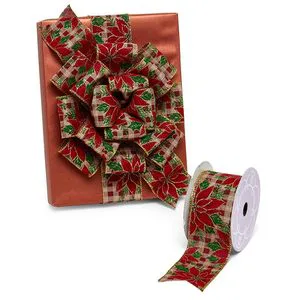 Poinsettia Christmas Ribbon on Red Gingham Wired Christmas Ribbons