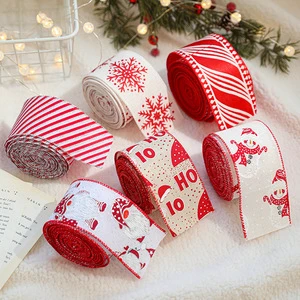 2.5inch Red White Wired Edge Santa Christmas Ribbon With Stripe Snow HOHO for Holiday Decoration