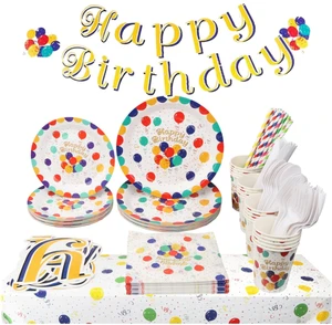 Happy Birthday Party Disposable Dinnerware Set Paper Plates Cups Napkins Table Cloth Straws Spoons Knives Forks Banners Supplies