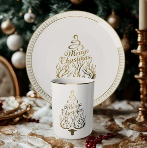 Luxury White Gold Christmas Ceramic Dinnerware Set Gold Rimmed Plates Porcelain Mugs Reindeer Pattern Holiday Party Table Decor