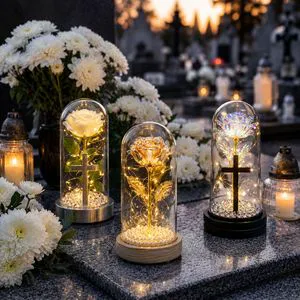 Wholesale Solar Powered Grave Light With Religious Cross And Rose In Glass Dome For Polish Cemetery Decoration Solar Znicze