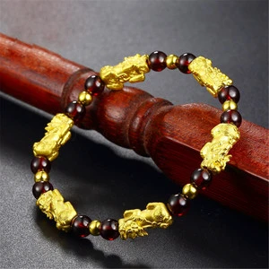 Chinese Lucky Feng Shui Gold Brave Troop PiXiu Beads Garnet Bracelet Bangle Jewelry Gift