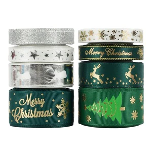 Hot Stock Sale Green and Red Ribbon X-mas Thin Grosgrain Satin Printed Gift Ribbon Set Merry Christmas Ribbon Assorted
