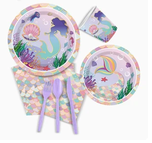 Mermaid 1st Birthday Party Favor Set Disposable Tableware Including Paper Plate and Cup for Kids Girls New Year Celebration