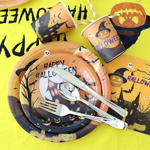 Halloween Party Tableware Set 10pcs Disposable 7 Inch 9 Inch Plates Forks Knives Spoons Cups Tablecloth for Party Decorations