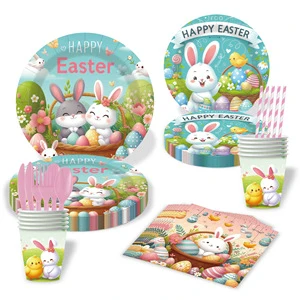 Happy Easter Party Tableware Set Bunny Egg Themed Disposable Plates Cups Napkins Cutlery for Restaurant Decoration