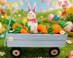 Handmade Colorful Clay Bunny Carrot Trailer - Easter Decoration for Home Party