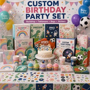 Custom Plastic Event Theme Birthday Party Supplies Set Decorations Tableware Favor Bags Stickers Wholesale
