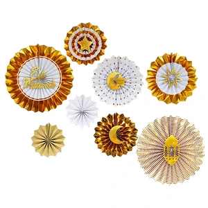 605040 Paper Fan Set- Gold 1pcs 8 pcs paper fans+6 pcs stickers=1 set Garland Party Maker Ramadan Supplies