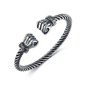 New Jewelry Casual Sporty Muscle Boxing Twist Bangle for Men Silver Plated Stainless Steel Double Fist Wire Bangle