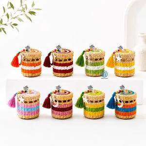 Eco Friendly Handwoven Seagrass Ramadan Gift Basket With Tassel Lid Multicolor Eid Candy Favor Container Wholesale Supply