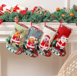 Christmas Stockings with 3D Santa Snowman Reindeer Trees Plaid Xmas Stocking Made in China for Christmas Decorations