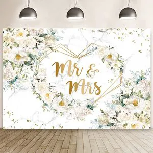 Mr and Mrs Floral Backdrop for Bridal Shower White Flowers Background Wedding Decor Bride to Be Engagement Banner Photo Props