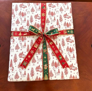 Gold Border Red Green Christmas Satin Ribbon Deer Snowflake Santa Print Gift Wrapping Decor Fabric Ribbon