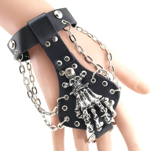 Wholesale Halloween Skeleton Hand Ring Bracelet Leather Steam Skull Ghost Claw Chain Punk Bracelet for Men